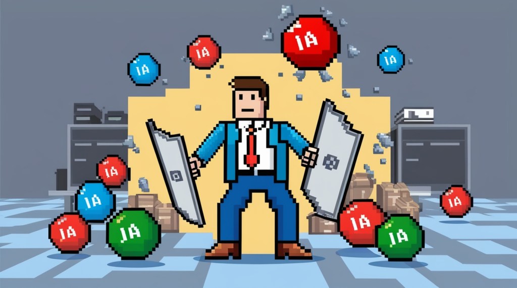 an office worker holding shields around him while he's being bombarded by balls of various size and color with the words IA on them - intent is to illustrate how the current workplace is being transformed by ai and we must protect ourselves. Illustrated in a 8bit pixel Art style Style